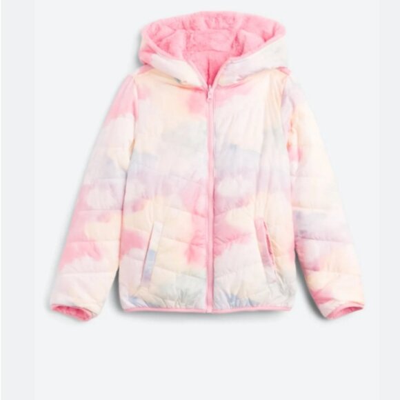 Girl's Winter Puffer Coat, Tie Dye Reversible with Pink Winter Jacket - Picture 15 of 16
